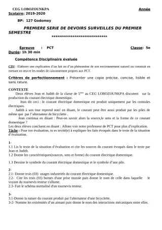 Première page de PCT 5e — 1er devoir surveillé, 1er semestre (2019-2020) · CEG Lobozounkpa