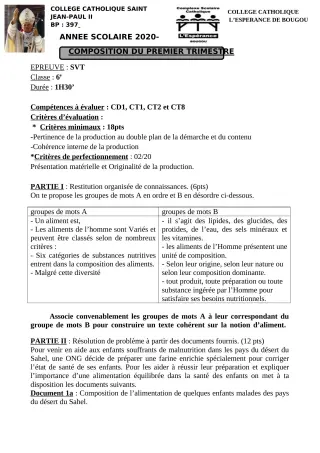 Première page de SVT 6e, 5e, 4e, 2nde C, 2nde D, 1ère C, 1ère D — 1re composition, 1er trimestre (2020-2021) · CCJPII DJOUGOU