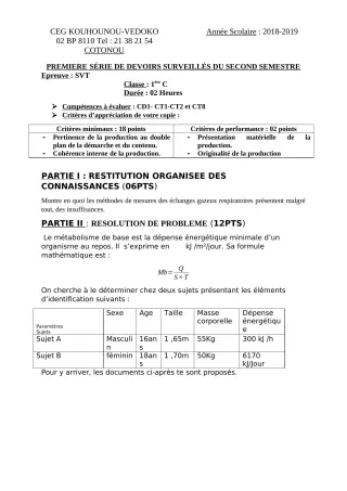Première page de SVT Tle C — 1er devoir surveillé, 2e semestre (2021-2022) · CEG Kouhounou-Vêdoko