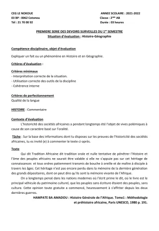 Première page de Histoire-Géographie 2nde A1, 2nde A2, 2nde B — 1er devoir surveillé, 1er semestre (2021-2022) · CEG LE NOKOUE