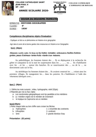 Première page de Histoire-Géographie 6e, 5e, 4e, 4e ML, 2nde A1, 2nde A2, 2nde C, 2nde D, 1ère A1, 1ère A2, 1ère C, 1ère D — 1er devoir surveillé, 2e trimestre (2020-2021) · CCJPII DJOUGOU