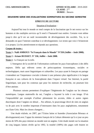 Première page de Français 2nde A & B, 2nde C, 2nde D — 2e évaluation sommative, 2e semestre (2019-2020) · CEG Ahossougbéta