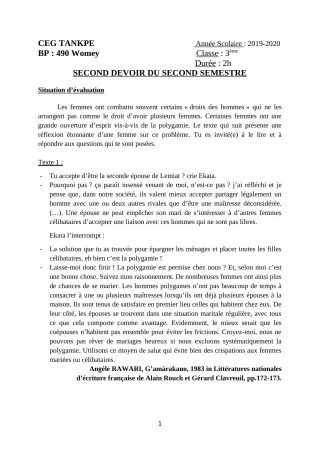 Première page de Français 3e, 3e ML — 2e devoir surveillé, 2e semestre (2019-2020) · CEG Tankpè