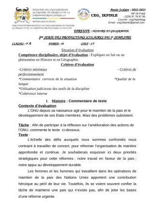 Première page de Histoire-Géographie Tle A1, Tle A2 — 2e production scolaire, 1er semestre (2022-2023) · CEG1 Ikpinlè