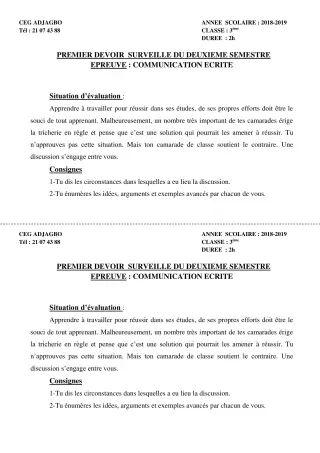 Première page de Français 3e, 3e ML — 1er devoir surveillé, 2e semestre (2018-2019) · CEG ADJAGBO