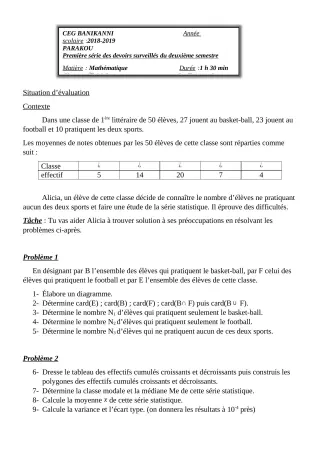 Première page de Mathématiques 1ère A2, 1ère B — 1er devoir surveillé, 2e semestre (2018-2019) · CEG Banikanni