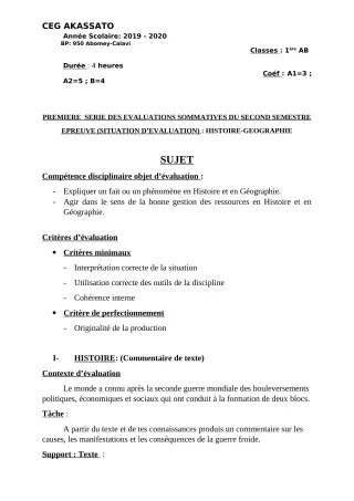 Première page de Histoire-Géographie 1ère A, 1ère A1, 1ère A2, 1ère B — 1re évaluation sommative, 2e semestre (2019-2020) · CEG Akassato