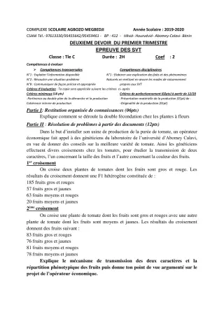 Première page de SVT 6e, 5e, 4e, 3e, 3e ML, 2nde A, 2nde A1, 2nde A2, 2nde B, 2nde C, 2nde D, 1ère A, 1ère A1, 1ère A2, 1ère B, 1ère C, 1ère D, Tle A, Tle A1, Tle A2, Tle B, Tle C, Tle D — 2e devoir surveillé, 1er tri