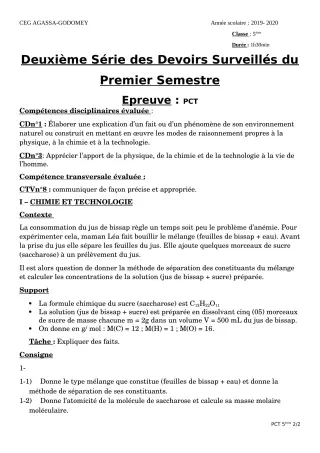 Première page de PCT 5e — 2e devoir surveillé, 1er semestre (2019-2020) · CEG Agassa Godomey