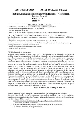 Première page de Espagnol 1ère A1, 1ère A2, 1ère B — 2e devoir surveillé, 1er semestre (2021-2022) · CEG 1 ZOGBODOMEY