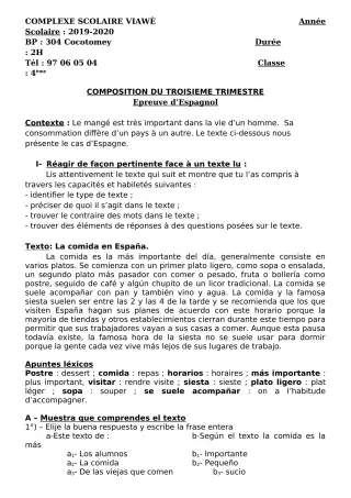 Première page de Espagnol 3e ML, 2nde A, 2nde B, 1ère A, 1ère B, Tle A, Tle B — Composition, 3e trimestre (2019-2020) · CPEG Martin Luther King Cotonou