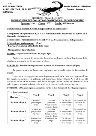 Première page de SVT 4e — 1re évaluation sommative, 1er semestre (2019-2020) · CEG Dantokpa
