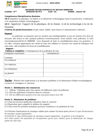 Première page de PCT 6e — 2e devoir surveillé, 2e semestre (2023-2024) · CEG SEKERE