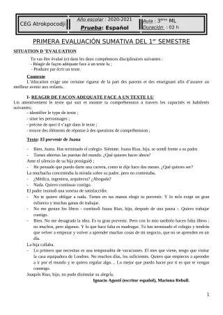Première page de Espagnol 3e ML — 1er semestre (2020-2021) · CEG ATROKPOCODJI