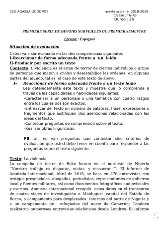 Première page de Espagnol Tle A2, Tle B — 1er devoir surveillé, 1er semestre (2018-2019) · CEG Agassa Godomey