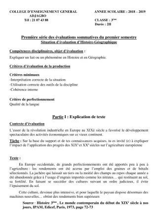 Première page de Histoire-Géographie 3e, 3e ML — 1re évaluation sommative, 1er semestre (2018-2019) · CEG ADJAGBO