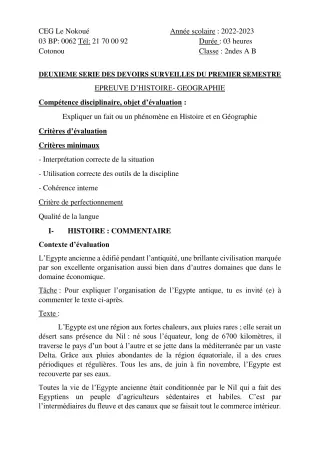 Première page de Histoire-Géographie 2nde A1, 2nde A2, 2nde B — 2e devoir surveillé, 1er semestre (2022-2023) · CEG LE NOKOUE