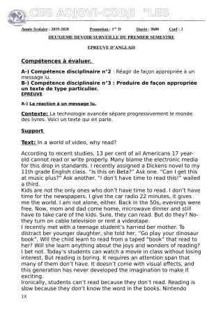 Première page de Anglais 1ère D — 2e devoir surveillé, 1er semestre (2019-2020) · CEG ADJOVICODJI 'LES OLIVIERS'