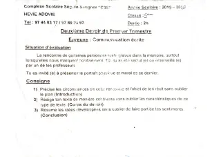 Première page de Français 5e — 2e devoir surveillé, 1er trimestre (2019-2020) · CPEG SEGUIN SENGHOR