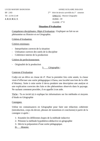 Première page de Histoire-Géographie 2nde D — 2e devoir surveillé, 1er semestre (2018-2019) · Lycée Houegbadja d'Abomey (Ex Mafory Bangoura)