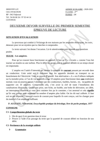 Première page de Français 4e — 2e devoir surveillé, 1er semestre (2020-2021) · CEG FIYEGNON