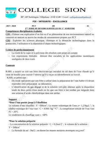 Première page de PCT 3e — Devoir surveillé (2019-2020) · CEG PRIVE SION DES AD