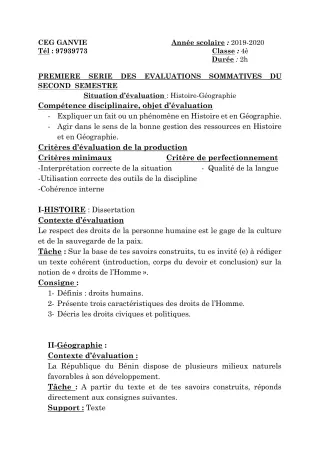 Première page de Histoire-Géographie 4e, 4e ML — 1re évaluation sommative, 2e semestre (2019-2020) · CEG Ganvié