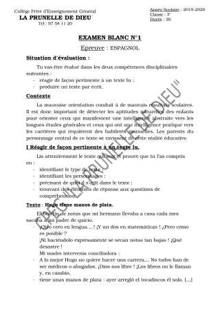 Première page de Examen Blanc de ESPAGNOL — 3e, 3e ML — CEPG La Prunelle de Dieu (2019)