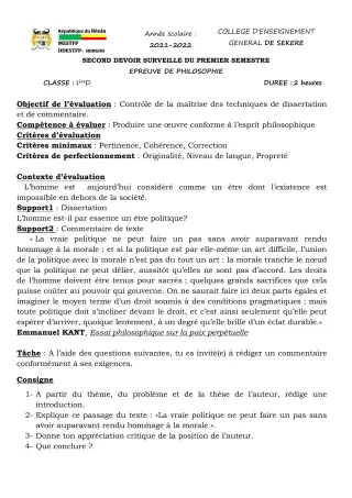 Première page de Philosophie 1ère D — 2e devoir surveillé, 1er semestre (2021-2022) · CEG SEKERE