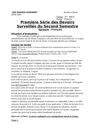 Première page de Français 2nde A & B, 2nde C, 2nde D, 1ère A, 1ère B, 1ère C, 1ère D, Tle A1, Tle B, Tle C, Tle D — 1er devoir surveillé, 2e semestre (2020-2021) · CEG Agassa Godomey
