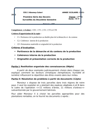 Première page de SVT 2nde C — 1er devoir surveillé, 2e semestre (2021-2022) · CEG2 ABOMEY - CALAVI (CEG ZOCA)