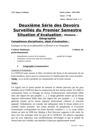 Première page de Histoire-Géographie 1ère A, 1ère A2, 1ère B — 2e devoir surveillé, 1er semestre (2019-2020) · CEG Agassa Godomey