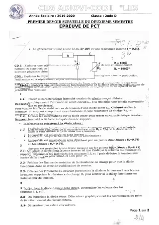 Première page de PCT 2nde D — 1er devoir surveillé, 2e semestre (2019-2020) · CEG ADJOVICODJI 'LES OLIVIERS'