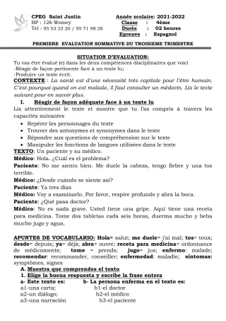 Première page de Espagnol 4e, 2nde A2, 2nde B, 1ère A2, 1ère B — 1re évaluation sommative, 3e trimestre (2021-2022) · CPEG SAINT Justin