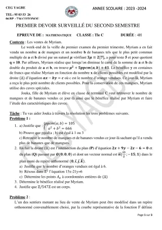 Première page de Mathématiques Tle C — 1er devoir surveillé, 2e semestre (2023-2024) · CEG Yagbe
