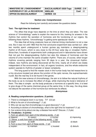 Première page de Épreuve BAC cd 2020 anglais Togo
