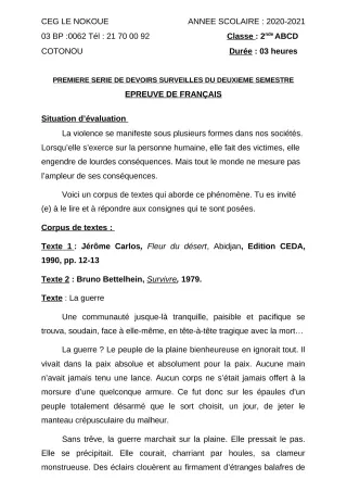 Première page de Français 2nde A1, 2nde A2, 2nde B, 2nde C, 2nde D — 1er devoir surveillé, 2e semestre (2020-2021) · CEG LE NOKOUE