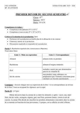 Première page de SVT 6e — 1er devoir surveillé, 2e semestre (2019-2020) · CEG Attogon
