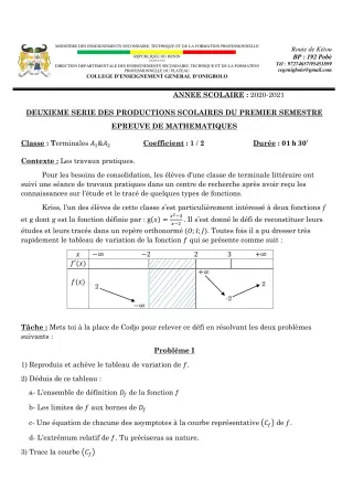 Première page de Mathématiques Tle A2 — 2e production scolaire, 1er semestre (2020-2021) · CEG ONIGBOLO