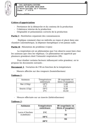 Première page de SVT 1ère A1, 1ère A2, 1ère B — 1er devoir surveillé, 1er semestre (2019-2020) · CEG 1 Akpakpa-Centre