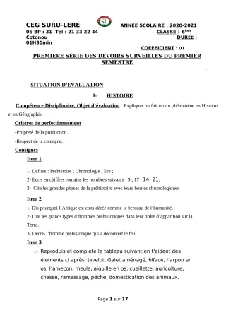 Première page de Histoire-Géographie 6e, 5e, 4e, 3e, 3e ML, 2nde C, 2nde D, 1ère A, 1ère B, 1ère C, 1ère D, Tle A1, Tle A2, Tle B, Tle C, Tle D — 1er devoir surveillé, 1er semestre (2020-2021) · CEG SURU-LERE