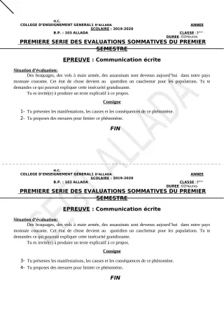 Première page de Français 6e, 5e, 4e ML&MC, 3e, 3e ML, 2nde A & B, 2nde C, 2nde D, 1ère A & B, 1ère C, 1ère D, Tle A & B, Tle C, Tle D — 1re évaluation sommative, 1er semestre (2019-2020) · CEG1 Allada