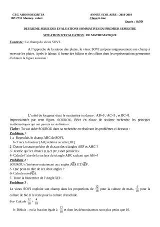 Première page de Mathématiques 6e, 5e, 4e, 4e ML, 3e, 3e ML, 2nde A & B, 2nde A2 — 2e évaluation sommative, 1er semestre (2018-2019) · CEG Ahossougbéta