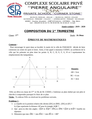 Première page de Mathématiques 5e — Composition, 1er trimestre (2019-2020) · CPEG PIERRE ANGULAIRE