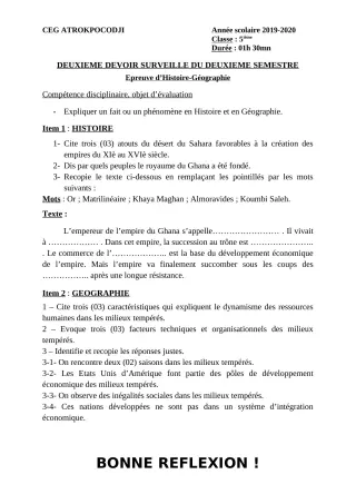 Première page de Histoire-Géographie 5e — 2e devoir surveillé, 2e semestre (2019-2020) · CEG ATROKPOCODJI