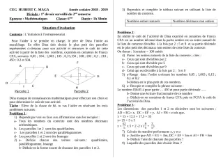 Première page de Mathématiques 6e — 1er devoir surveillé, 2e semestre (2018-2019) · CEG Hubert C. MAGA