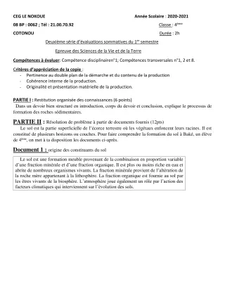 Première page de SVT 4e, 4e ML — Évaluation sommative, 1er semestre (2020-2021) · CEG LE NOKOUE