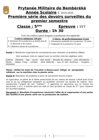 Première page de SVT 5e — 1er devoir surveillé, 1er semestre (2019-2020) · PMB