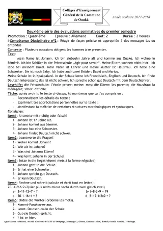Première page de Allemand 4e ML — 2e évaluation sommative, 1er semestre (2017-2018) · CEG C.P de Dompago