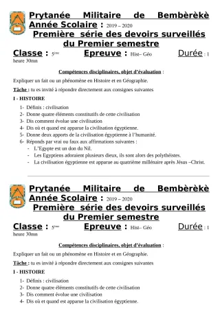 Première page de Histoire-Géographie 5e, 4e — 1er devoir surveillé, 1er semestre (2019-2020) · PMB